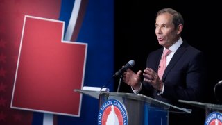 U.S. Rep. John Curtis speaks during the Utah Senate primary debate for Republican contenders battling to win the seat of retiring U.S. Sen. Mitt Romney, June 10, 2024, in Salt Lake City.