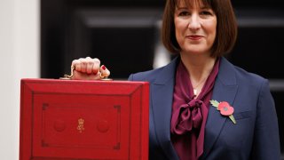 Chancellor Rachel Reeves poses with the red box outside number 11 Downing Street on October 30, 2024 in London, England. This is the first Budget presented by the new Labour government and Chancellor of the Exchequer, Rachel Reeves. 