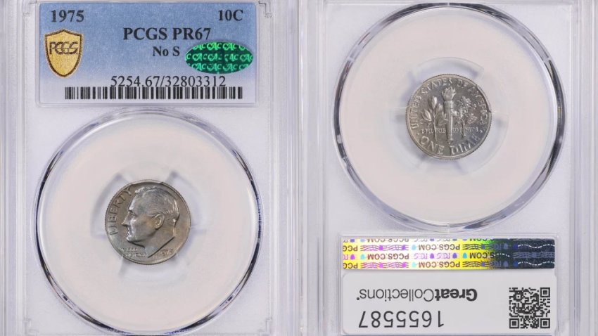 A 1975 proof set dime mistakenly made without the San Francisco Mint’s letter S mintmark.