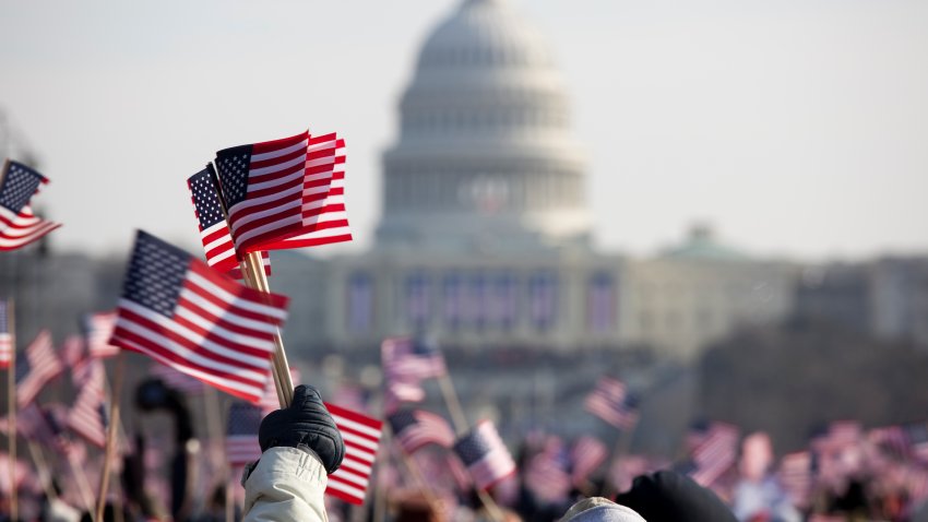 Unrecognizable crowds in the Washington DC Mall on inaugeration day.