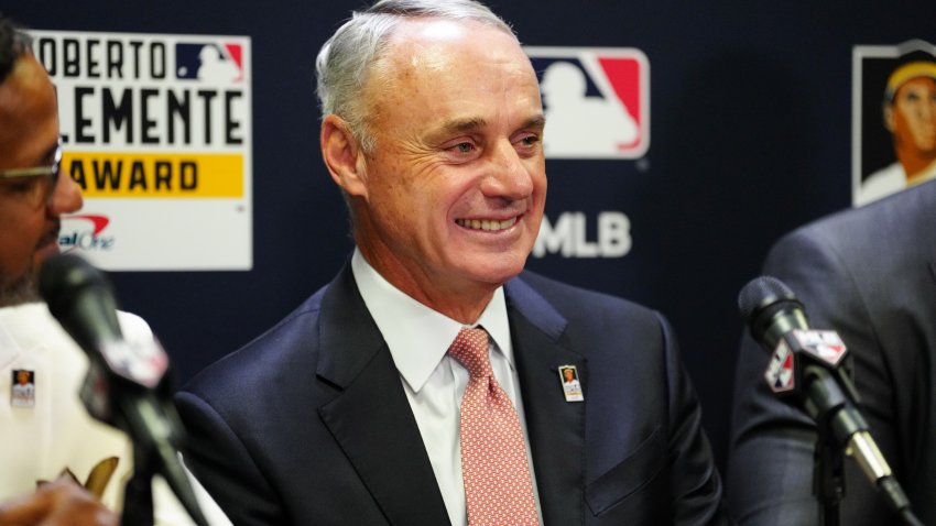 PHOENIX, AZ – OCTOBER 30:   Commissioner of Major League Baseball Robert D. Manfred Jr. looks on during the Roberto Clemente Award press conference prior to Game 3 of the 2023 World Series between the Texas Rangers and the Arizona Diamondbacks at Chase Field on Monday, October 30, 2023 in Phoenix, Arizona. (Photo by Mary DeCicco/MLB Photos via Getty Images)