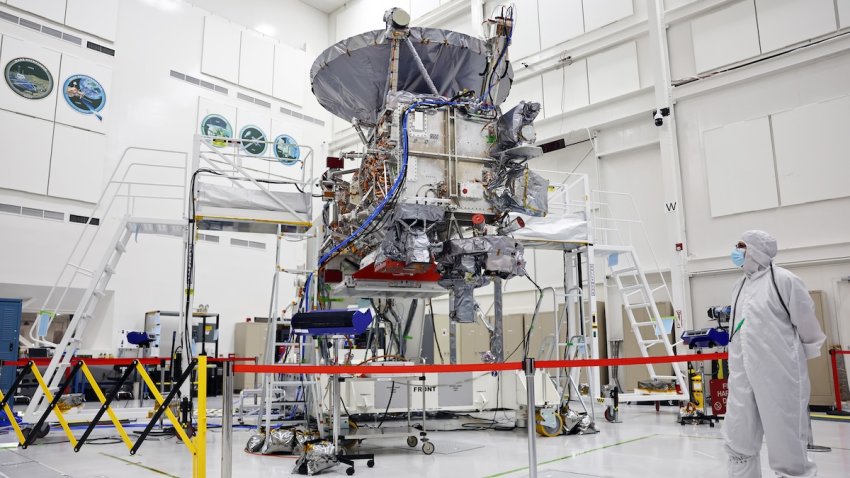 The NASA Europa Clipper spacecraft is viewed inside a Spacecraft Assembly Facility clean room at NASA’s Jet Propulsion Laboratory (JPL) on April 11, 2024 in Pasadena, California. The spacecraft is scheduled to investigate and perform flybys of Europa, Jupiter’s moon, where data suggests a global ocean of water lies beneath the icy surface which may be habitable for life. The spacecraft is scheduled to launch from NASA’s Kennedy Space Center in Florida in October.