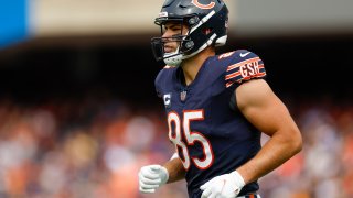 CHICAGO, ILLINOIS – SEPTEMBER 29: Cole Kmet #85 of the Chicago Bears walks between plays during the second half against the Los Angeles Rams at Soldier Field on September 29, 2024 in Chicago, Illinois. (Photo by Brandon Sloter/Getty Images)