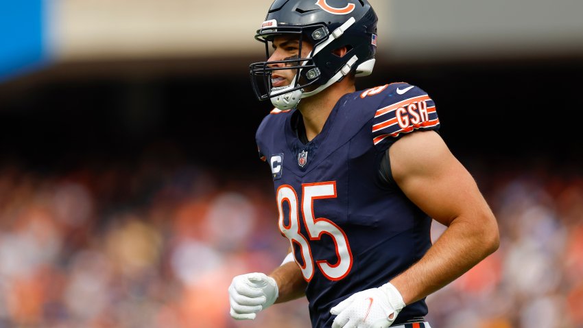 CHICAGO, ILLINOIS – SEPTEMBER 29: Cole Kmet #85 of the Chicago Bears walks between plays during the second half against the Los Angeles Rams at Soldier Field on September 29, 2024 in Chicago, Illinois. (Photo by Brandon Sloter/Getty Images)