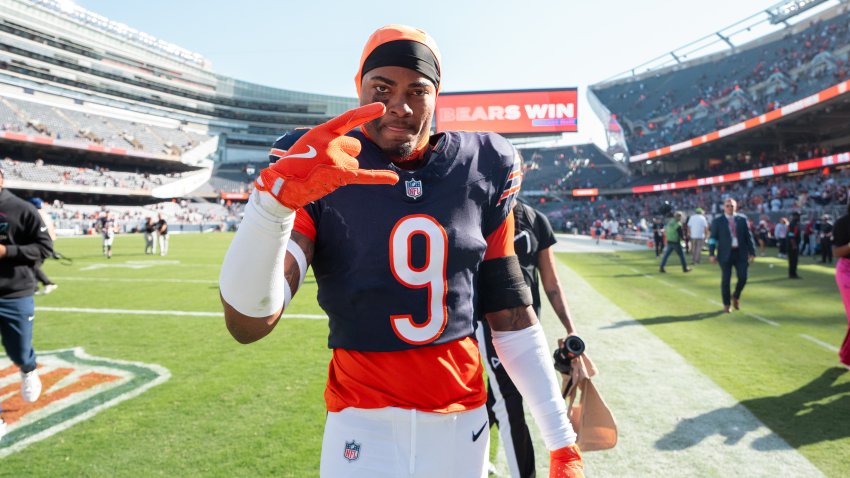 CHICAGO, ILLINOIS – OCTOBER 6: Safety Jaquan Brisker #9 of the Chicago Bears gestures to the camera following an NFL football game against the Carolina Panthers at Soldier Field on October 6, 2024 in Chicago, Illinois. (Photo by Todd Rosenberg/Getty Images)