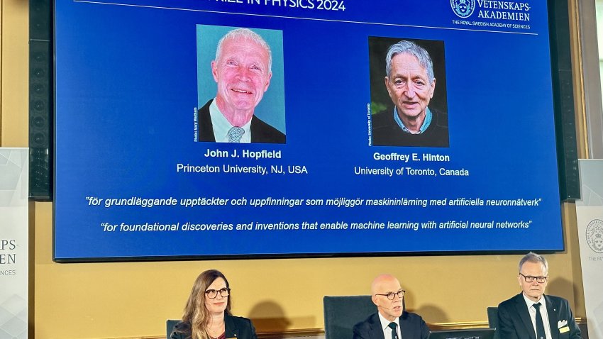 STOCKHOLM, SWEDEN - OCTOBER 8: Nobel Committee announces the winners of the 2024 Nobel Prize in Physics during a press conference at the Karolinska Institute in Stockholm, Sweden, on October 8, 2024. The 2024 Nobel Prize in Physics has been awarded to John Hopfield and Geoffrey Hinton for their work on machine learning with artificial neural networks.