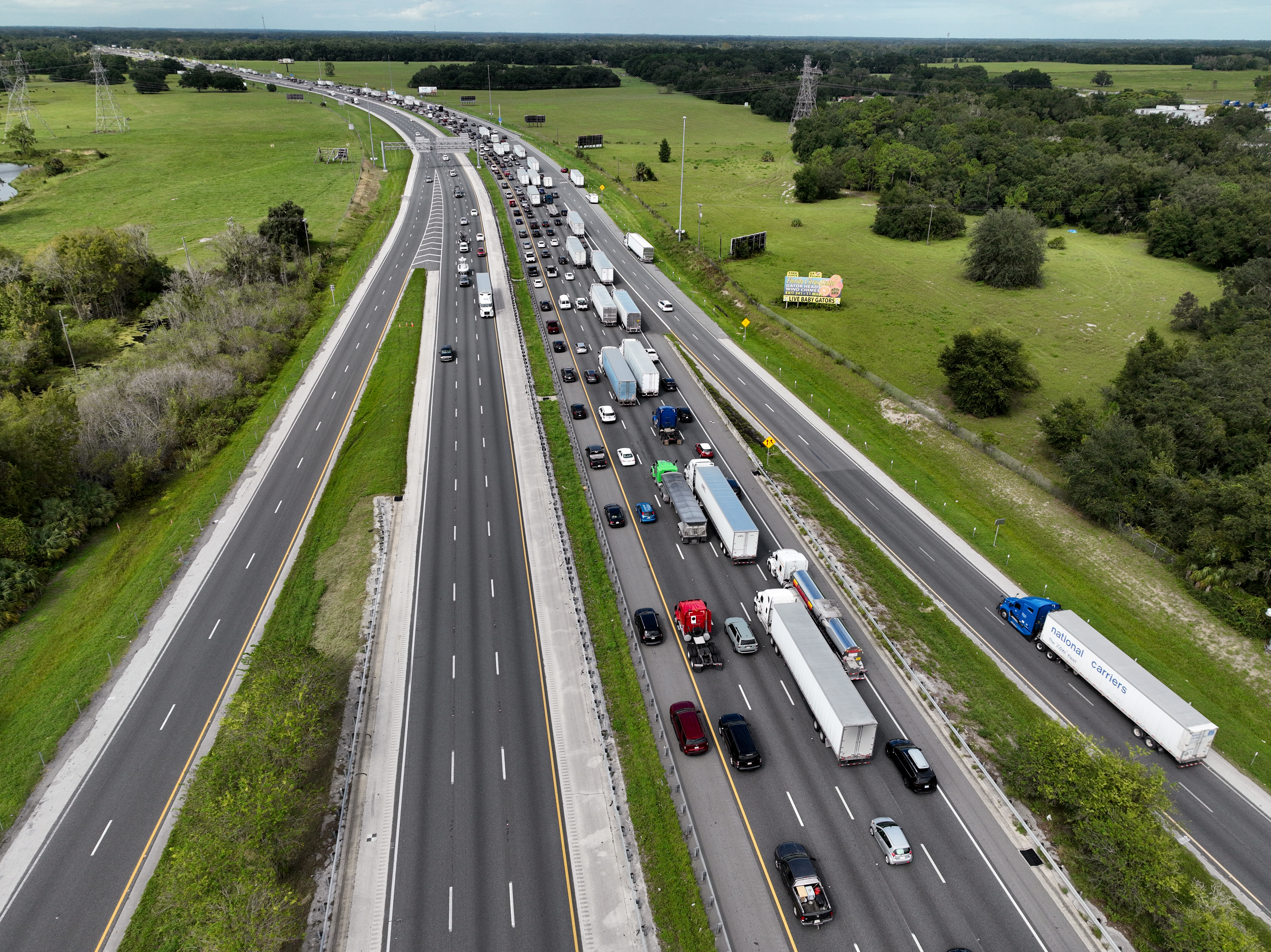 An aerial view the heavy traffic along the highway as residents evacuate just hours before Hurricane Milton is set to make landfall in Florida, United States on October 08, 2024.