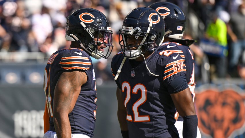 CHICAGO, ILLINOIS – OCTOBER 06: Kevin Byard III #31 of the Chicago Bears reacts with Elijah Hicks #22 after an interception during the third quarter against the Carolina Panthers at Soldier Field on October 06, 2024 in Chicago, Illinois. (Photo by Quinn Harris/Getty Images)