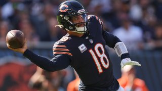 CHICAGO, ILLINOIS – OCTOBER 06: Caleb Williams #18 of the Chicago Bears throws a pass against the Carolina Panthers during the fourth quarter at Soldier Field on October 06, 2024 in Chicago, Illinois. (Photo by Michael Reaves/Getty Images)