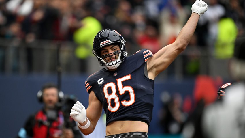 LONDON, ENGLAND – OCTOBER 13: Cole Kmet of Chicago Bears celebrates a touchdown during the NFL match between Jacksonville Jaguars and Chicago Bears at Tottenham Hotspur Stadium on October 13, 2024 in London, England. (Photo by Harry Murphy/Getty Images)