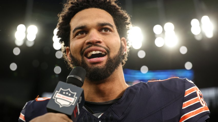 LONDON, ENGLAND – OCTOBER 13: Caleb Williams of Chicago Bears gives a post match interview during the NFL match between Jacksonville Jaguars and Chicago Bears at Tottenham Hotspur Stadium on October 13, 2024 in London, England. (Photo by Richard Heathcote/Getty Images)