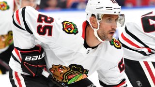 EDMONTON, CANADA – OCTOBER 12: Alec Martinez #25 of the Chicago Blackhawks awaits a face-off during the game against the Edmonton Oilers at Rogers Place on October 12, 2024, in Edmonton, Alberta, Canada. (Photo by Andy Devlin/NHLI via Getty Images)