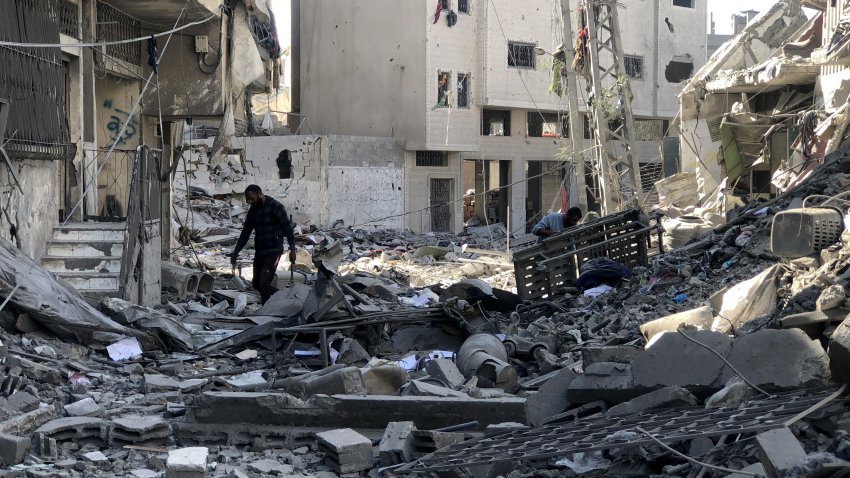 A general view of the destruction after the Israeli army attack on the 5-storey building belonging to the Abu Nasr family in Beit Lahia, Gaza.