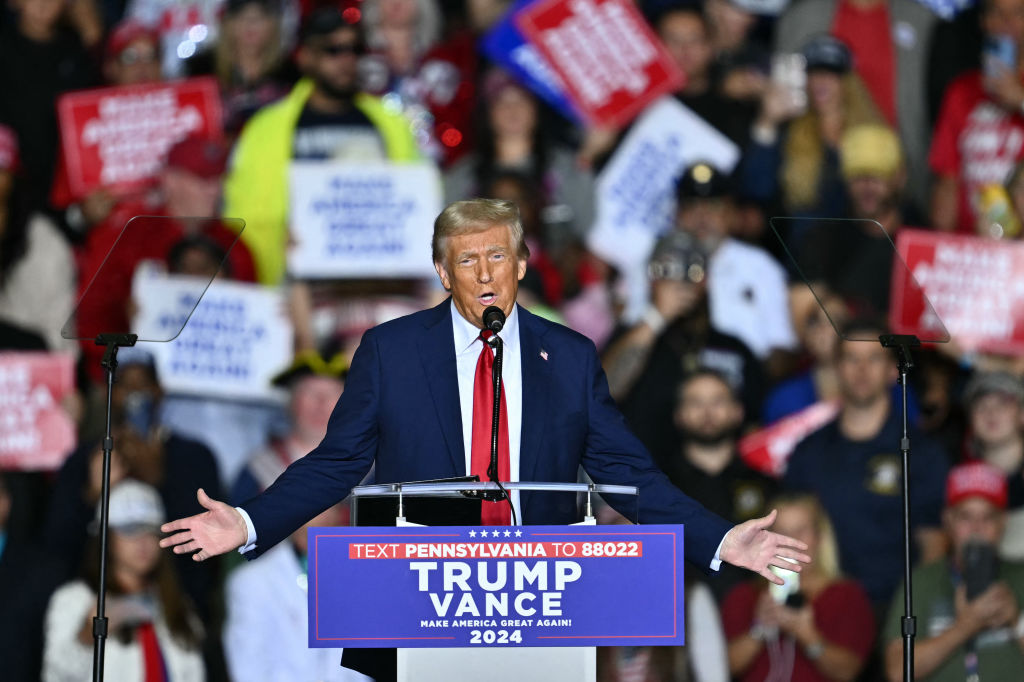 Former US President and Republican presidential candidate Donald Trump speaks at a campaign rally at the PPL Center in Allentown, Pennsylvania, on October 29, 2024.