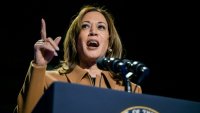 KALAMAZOO, MICHIGAN – OCTOBER 26: Democratic presidential nominee, U.S. Vice President Kamala Harris, speaks during a campaign rally at the Wings Event Center on October 26, 2024 in Kalamazoo, Michigan. Vice President Harris will be campaigning today with former U.S. First Lady Michelle Obama in the battleground swing state of Michigan. With 10 days remaining, Harris continues campaigning against Republican presidential nominee, former U.S. President Donald Trump ahead of the November 5 election.  (Photo by Brandon Bell/Getty Images)