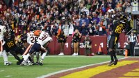 LANDOVER, MARYLAND – OCTOBER 27: Noah Brown #85 of the Washington Commanders catches a game winning touchdown pass against the Chicago Bears at Northwest Stadium on October 27, 2024 in Landover, Maryland. (Photo by Scott Taetsch/Getty Images)