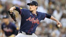 Oct 2, 2024; San Diego, California, USA; Atlanta Braves pitcher Max Fried (54) throws during the first inning of game two in the Wildcard round for the 2024 MLB Playoffs against the San Diego Padres at Petco Park. Mandatory Credit: Denis Poroy-Imagn Images