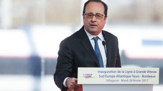 French President Francois Hollande delivers a speech as he attends the inauguration of the new ‘Sud Europe Atlantique’ (South Europe Atlantic) high-speed rail line, linking Tours and Bordeaux, on February 28, 2017, in Villognon, central France.