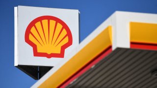 A photograph taken on March 8, 2022 shows the logo of energy giant Shell at a petrol station, in Bochum, western Germany.