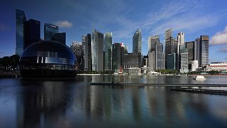 The central business district skyline at Marina Bay waterfront on May 10, 2023 in Singapore.