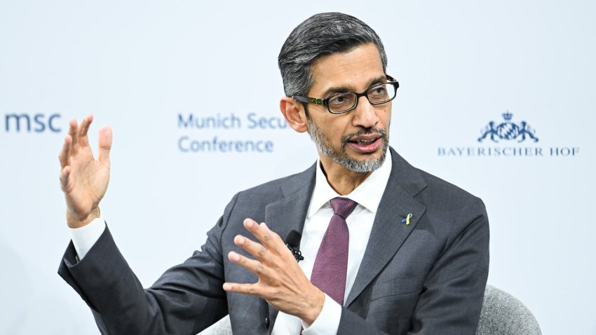 Alphabet CEO Sundar Pichai speaks at the Munich Security Conference at the Hotel Bayerischer Hof in Munich, Germany, on February 16, 2024.