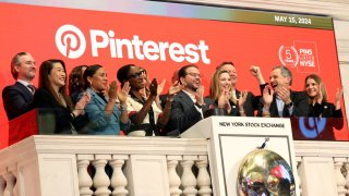 Bill Ready, CEO of Pinterest, rings the opening bell at the New York Stock Exchange on May 15, 2024.
