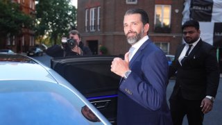 Donald Trump Jr. leaves a fundraiser for Donald Trump hosted by former “Neighbours” star Holly Valance, in London, June 12, 2024.