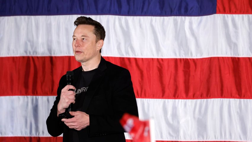 SpaceX and Tesla founder Elon Musk participates in a town hall-style meeting to promote early and absentee voting at Ridley High School on October 17, 2024 in Folsom, Pennsylvania.