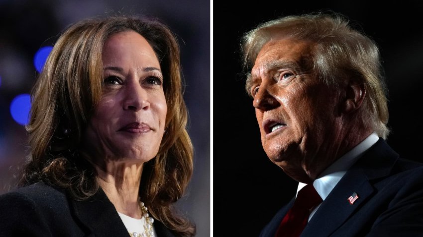 Combination with Vice President and Democratic Presidential Candidate Kamala Harris (L), and Former President and Republican Presidential Candidate Donald Trump.