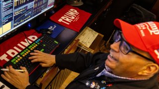 A trader wearing a Trump hat works on the floor of the New York Stock Exchange (NYSE) in New York, US, on Wednesday, Nov. 6, 2024.