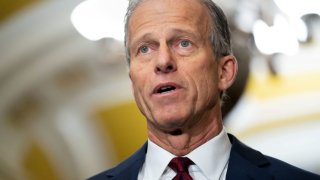 U.S. Sen. John Thune, (R-SD) speaks with reporters following the Senate Republicans weekly policy lunch on Capitol Hill in Washington, U.S., March 6, 2024.