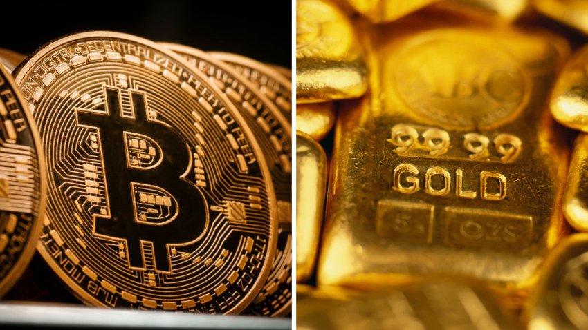 Bitcoin digital currency and gold bullion.