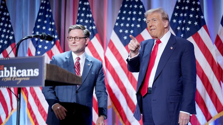 U.S. Speaker of the House Mike Johnson welcomes U.S. President-elect Donald Trump onstage at a House Republicans Conference meeting at the Hyatt Regency on Capitol Hill on November 13, 2024 in Washington, DC. 