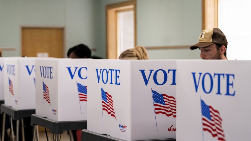 Voters at voting booths in a precinct.