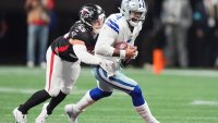 Atlanta Falcons linebacker Kaden Elliss (55) tackles Dallas Cowboys quarterback Dak Prescott (4) during the second half of an NFL football game, Sunday, Nov. 3, 2024, in Atlanta. (AP Photo/ Brynn Anderson)