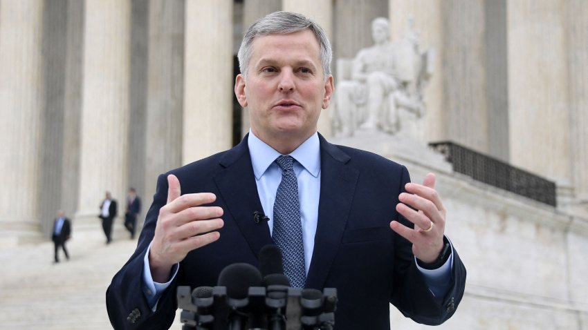 Josh Stein, North Carolina Attorney General, speaks in front of the US Supreme Court in Washington, DC, on December 7, 2022 after oral arguments in Moore v. Harper, a North Carolina congressional gerrymandering case. – The US Supreme Court hears arguments in Moore v. Harper, a case that could fundamentally alter the way democracy operates in America, by expanding the power of state legislatures over elections for the White House and Congress. (Photo by OLIVIER DOULIERY / AFP) (Photo by OLIVIER DOULIERY/AFP via Getty Images)