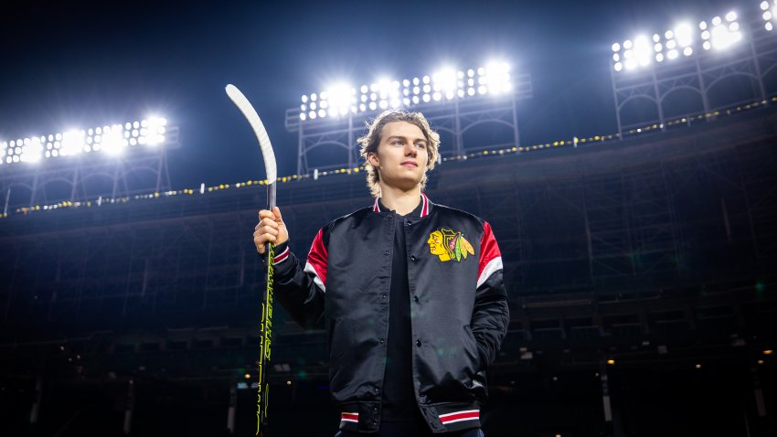 CHICAGO, ILLINOIS – FEBRUARY 07: Connor Bedard #98 of the Chicago Blackhawks poses for a portrait after announcing that the 2025 Discover NHL Winter Classic will feature the Chicago Blackhawks hosting the St. Louis Blues at Wrigley Field on February 07, 2024 in Chicago, Illinois. (Photo by Chase Agnello-Dean/NHLI via Getty Images)