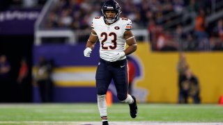 MINNEAPOLIS, MINNESOTA – NOVEMBER 27: Roschon Johnson #23 of the Chicago Bears lines up to run a route during an NFL football game against the Minnesota Vikings at U.S. Bank Stadium on November 27, 2023 in Minneapolis, Minnesota. (Photo by Ryan Kang/Getty Images)