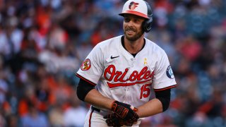 BALTIMORE, MD – SEPTEMBER 02: Austin Slater #15 of the Baltimore Orioles reacts after being walked against the Chicago White Sox during the eighth inning at Oriole Park at Camden Yards on September 2, 2024 in Baltimore, Maryland. (Photo by Scott Taetsch/Getty Images)