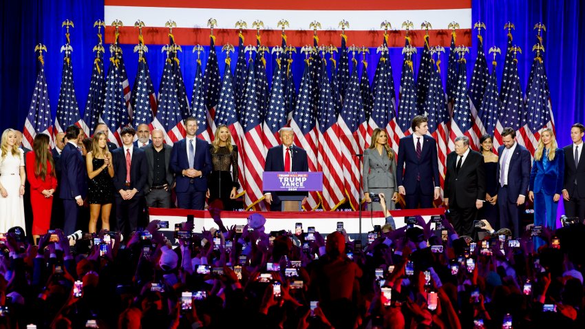 Former US President Donald Trump, center, during his election night event at the Palm Beach Convention Center in West Palm Beach, Florida, US, on Wednesday, Nov. 6, 2024. Trump is on the cusp of recapturing the White House, projected as the winner across pivotal swing states with his party set to control the Senate and markets swinging in expectation of his possible victory. Photographer: Eva Marie Uzcategui/Bloomberg via Getty Images