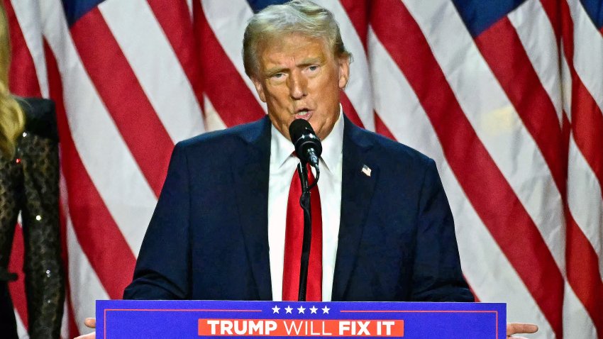 Former US President and Republican presidential candidate Donald Trump speaks during an election night event at the West Palm Beach Convention Center in West Palm Beach, Florida,  on November 6, 2024. Republican former president Donald Trump closed in on a new term in the White House early November 6, 2024, just needing a handful of electoral votes to defeat Democratic Vice President Kamala Harris. (Photo by Jim WATSON / AFP) (Photo by JIM WATSON/AFP via Getty Images)