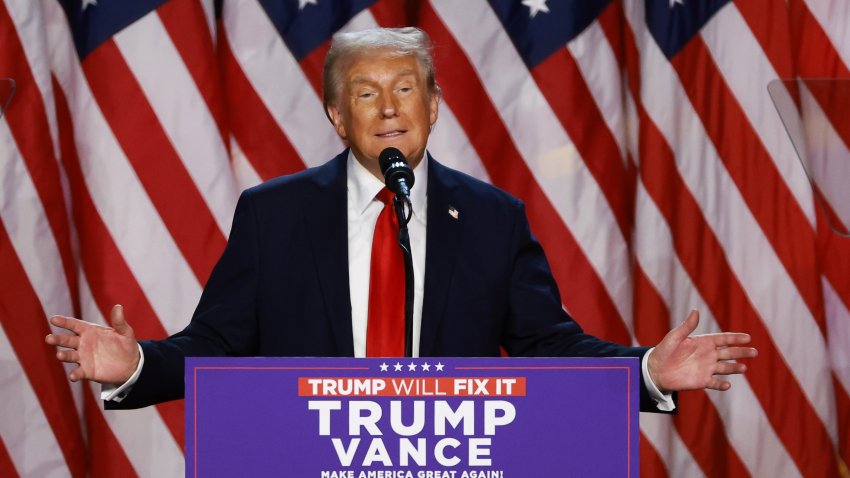 WEST PALM BEACH, FLORIDA – NOVEMBER 06:  Republican presidential nominee, former U.S. President Donald Trump speaks during an election night event at the Palm Beach Convention Center on November 06, 2024 in West Palm Beach, Florida. Americans cast their ballots today in the presidential race between Republican nominee former President Donald Trump and Vice President Kamala Harris, as well as multiple state elections that will determine the balance of power in Congress.   (Photo by Joe Raedle/Getty Images)