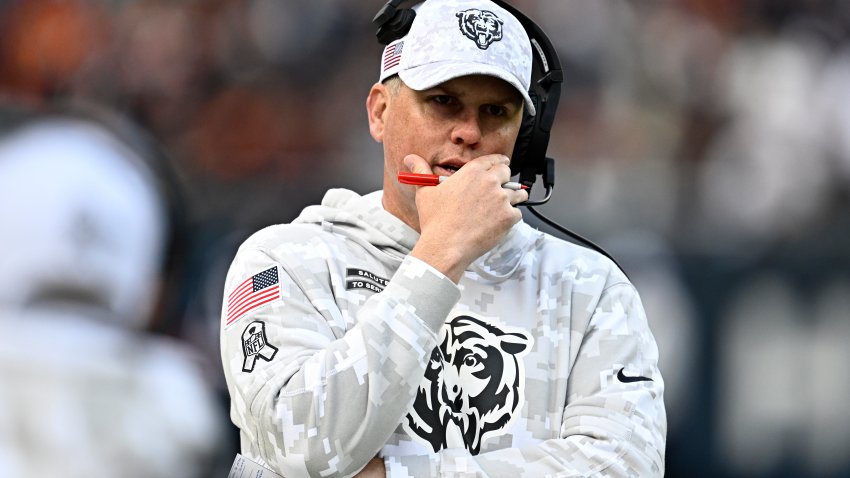 CHICAGO, ILLINOIS – NOVEMBER 10: Offensive coordinator Shane Waldron of the Chicago Bears looks on during the second half against the New England Patriots at Soldier Field on November 10, 2024 in Chicago, Illinois. (Photo by Quinn Harris/Getty Images)