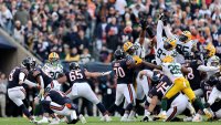 CHICAGO, ILLINOIS – NOVEMBER 17: Cairo Santos #8 of the Chicago Bears watches as Karl Brooks #94 of the Green Bay Packers blocks a potential game winning field goal at the end of the fourth quarter of a game at Soldier Field on November 17, 2024 in Chicago, Illinois. (Photo by Michael Reaves/Getty Images)