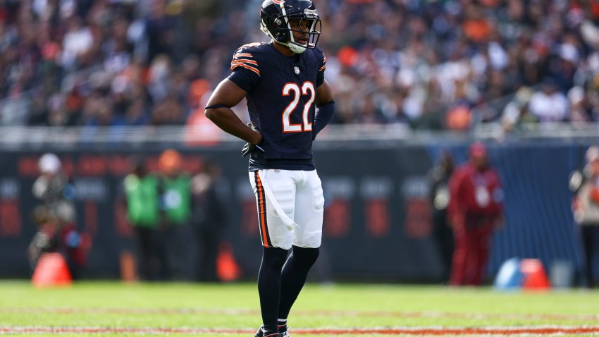 CHICAGO, ILLINOIS – NOVEMBER 17: Elijah Hicks #22 of the Chicago Bears lines up before a play during an NFL football game against the Green Bay Packers at Soldier Field on November 17, 2024 in Chicago, Illinois. (Photo by Kevin Sabitus/Getty Images)