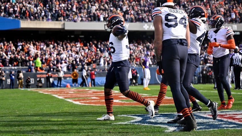 CHICAGO, ILLINOIS – NOVEMBER 24: Jonathan Owens #36 of the Chicago Bears celebrates after recovering a fumble during the first quarter against the Minnesota Vikings at Soldier Field on November 24, 2024 in Chicago, Illinois. (Photo by Quinn Harris/Getty Images)