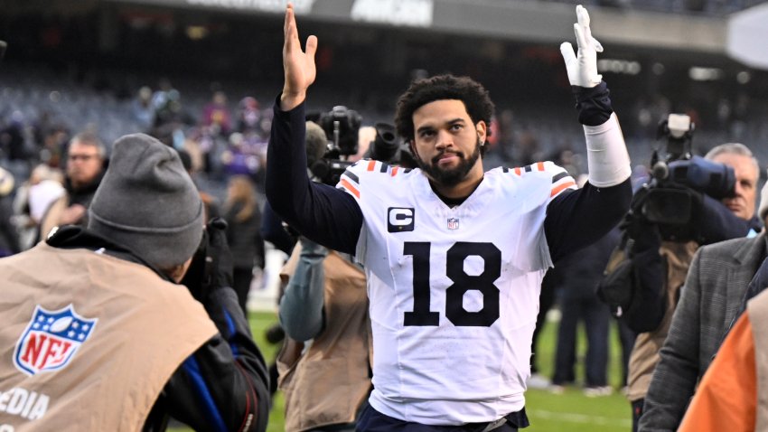 CHICAGO, ILLINOIS – NOVEMBER 24: Caleb Williams #18 of the Chicago Bears reacts after a 30-27 overtime loss against the Minnesota Vikings at Soldier Field on November 24, 2024 in Chicago, Illinois. (Photo by Quinn Harris/Getty Images)