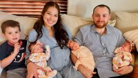 Marisa Christie and her husband with their son and triplet daughters, Charlotte, Kendall and Collins