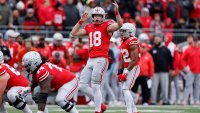 COLUMBUS, OH – NOVEMBER 23: Ohio State Buckeyes quarterback Will Howard (18) directs the offense before the snap during a college football game against the Indiana Hoosiers on November 23, 2024 at Ohio Stadium in Columbus, Ohio. (Photo by Joe Robbins/Icon Sportswire via Getty Images)