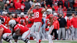 COLUMBUS, OH – NOVEMBER 23: Ohio State Buckeyes quarterback Will Howard (18) directs the offense before the snap during a college football game against the Indiana Hoosiers on November 23, 2024 at Ohio Stadium in Columbus, Ohio. (Photo by Joe Robbins/Icon Sportswire via Getty Images)